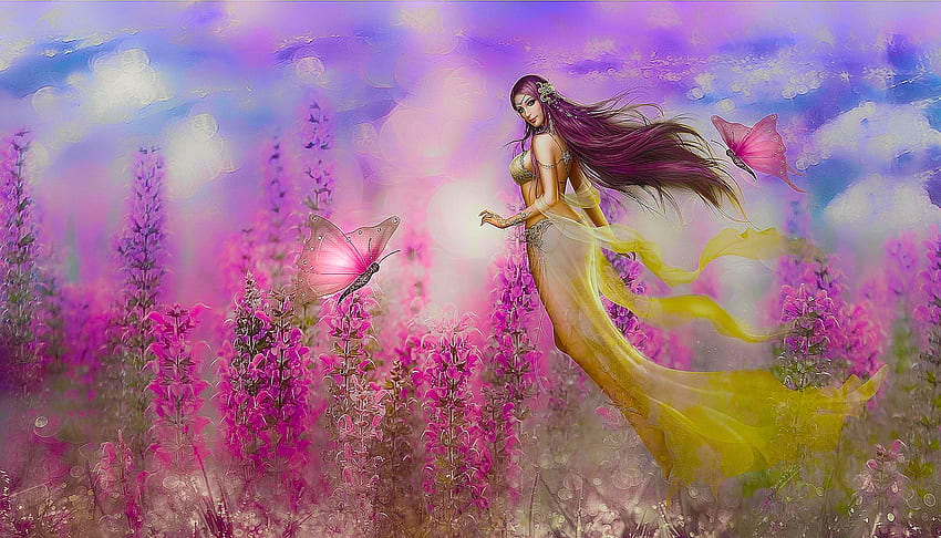 Fairy, digital, pretty, art, fantasy, girl, pastel, , butterflies, lamamake HD wallpaper