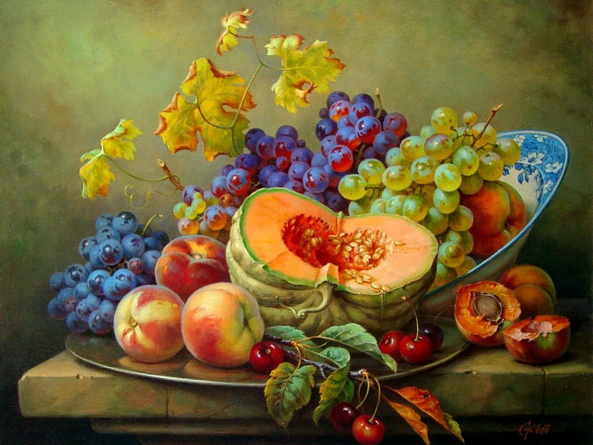 Still lfie, plenty, beautiful, fruits, nice, melon, still life, leaves, plate, pretty, yummy, grape, autumn, nature, lovely HD wallpaper