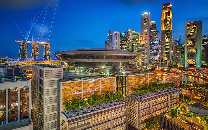 Singapura, gedung pencakar langit, pemandangan malam, bangunan modern, Asia, Marina Bay Sands Wallpaper HD