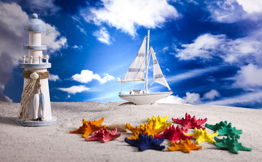 Sky Sailing Boats Lighthouse Starfish Toys Clouds Sand beach bokeh, Summer Boat HD wallpaper