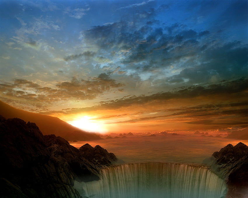 Wodospad, kolor, chmury, niebo, zachód słońca Tapeta HD