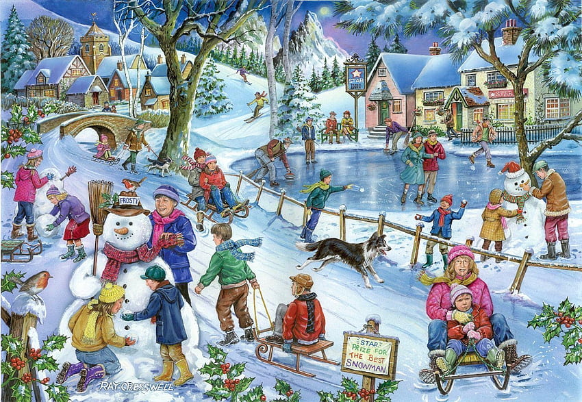 Frosty Friends, artwork, snowman, painting, snow, trees, people, village, ice HD wallpaper