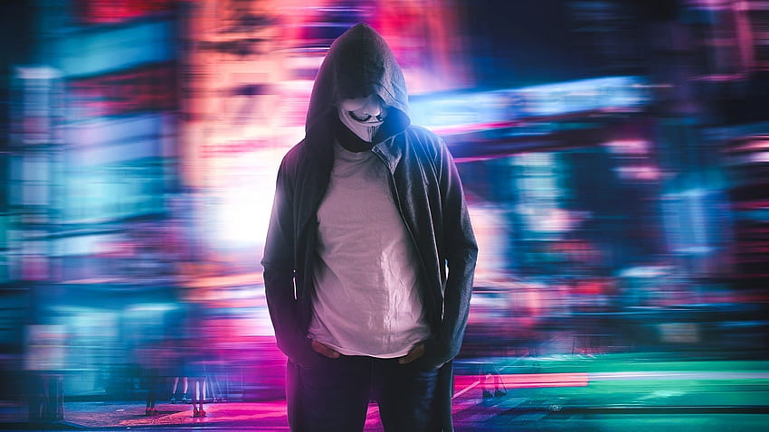 Zamaskowany mężczyzna, anonimowy, bluza z kapturem, haker, neonowe miasto - ultra anonimowy - i tło, neonowy haker Tapeta HD