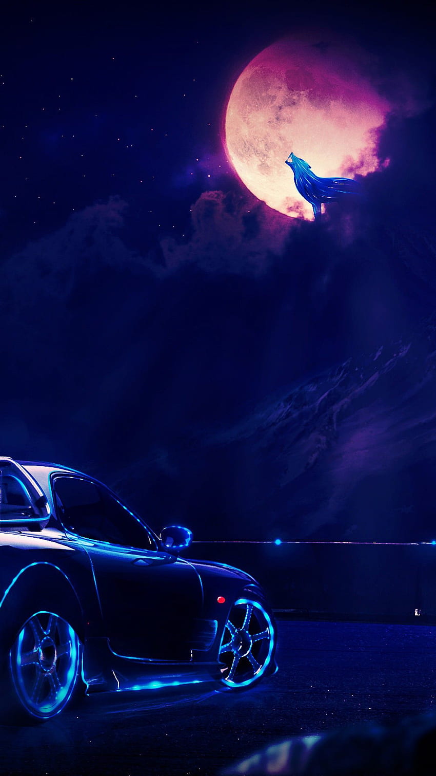 Sports car, Neon, Night, Moon, Wolf, , Creative HD phone wallpaper