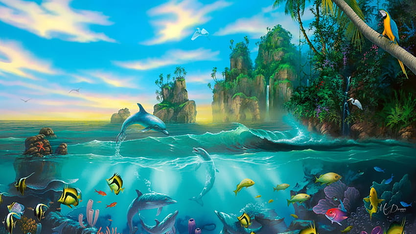 Island Dreaming, Insel, Meer, Vögel, Palmen, Tropen, Strand, Urlaub, Delfine, Fische HD-Hintergrundbild