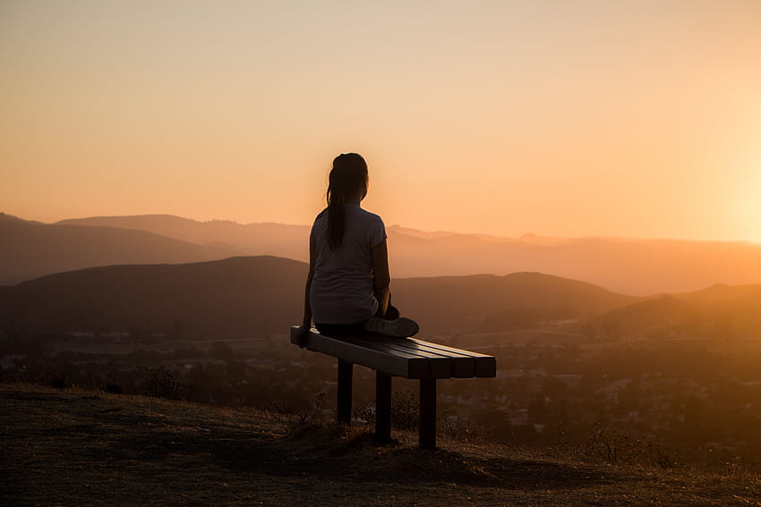 Sunset, Mountains, Dark, Seclusion, Privacy, Girl, Loneliness, Bench HD wallpaper