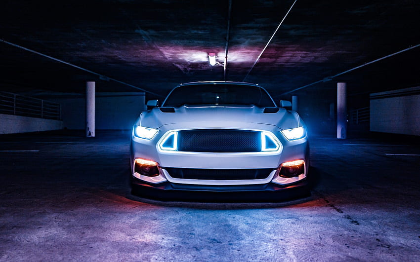 Ford Mustang, vista frontale, garage, luci al neon, automobili al neon Sfondo HD