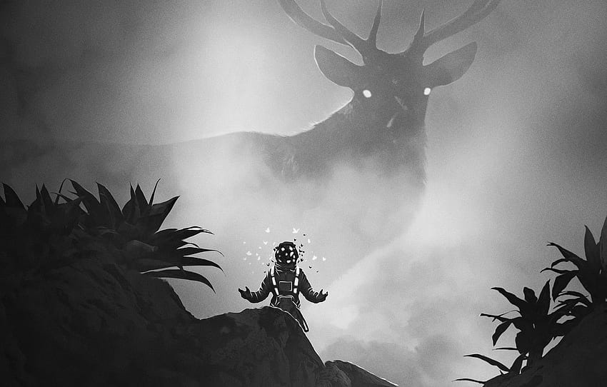 The suit, People, Deer, Fantasy, Art, Animal, Black and white, Environments, Anupam Arts, di Anupam Arts, di Dawid Planeta, Mini People, Fight Against Depression, David Planet for , section фантастика Sfondo HD