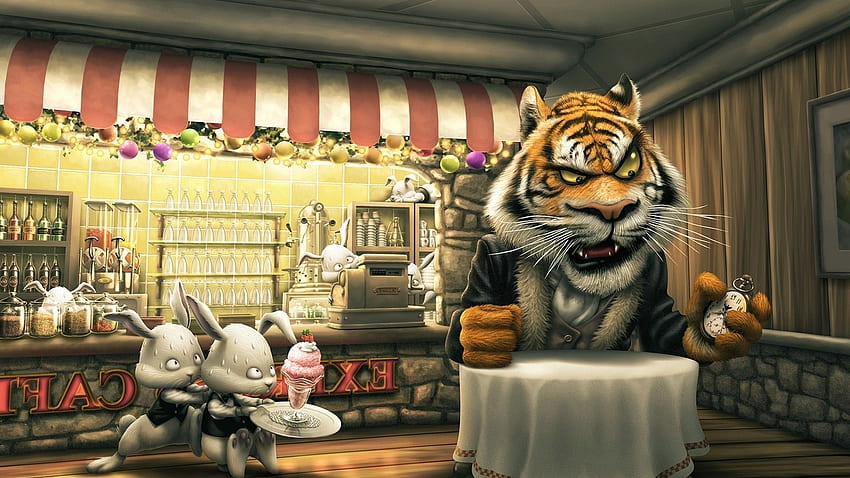 tiger, Rabbits, Cartoon, Cafes, Ice Cream, Food, Artwork, Animals / and Mobile Background HD wallpaper