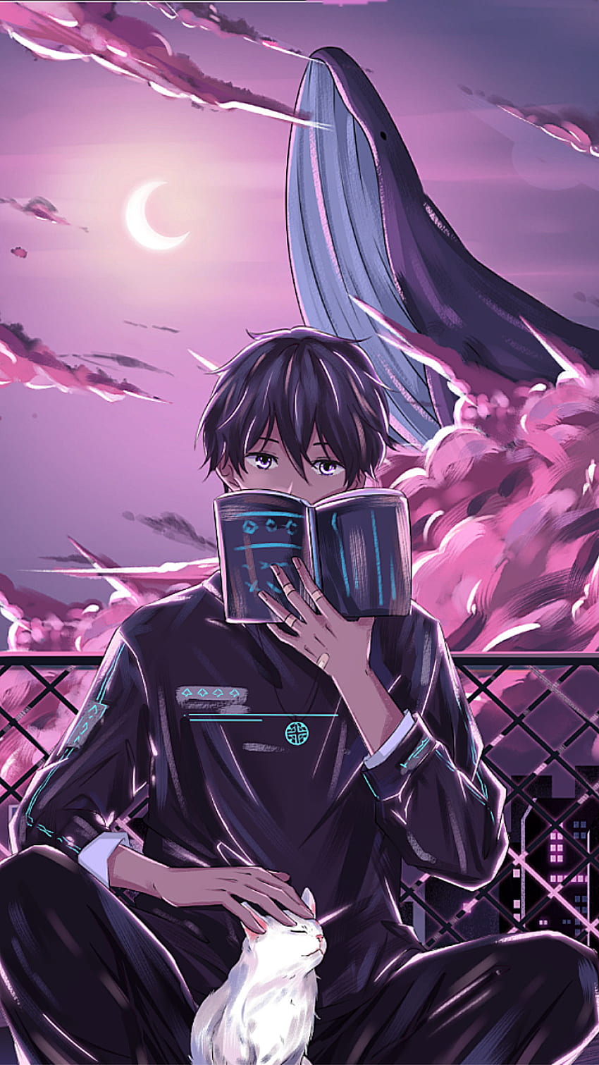 Anime boy, crescentmoon, sky, whale, city, book, cat, clouds, fence HD phone wallpaper