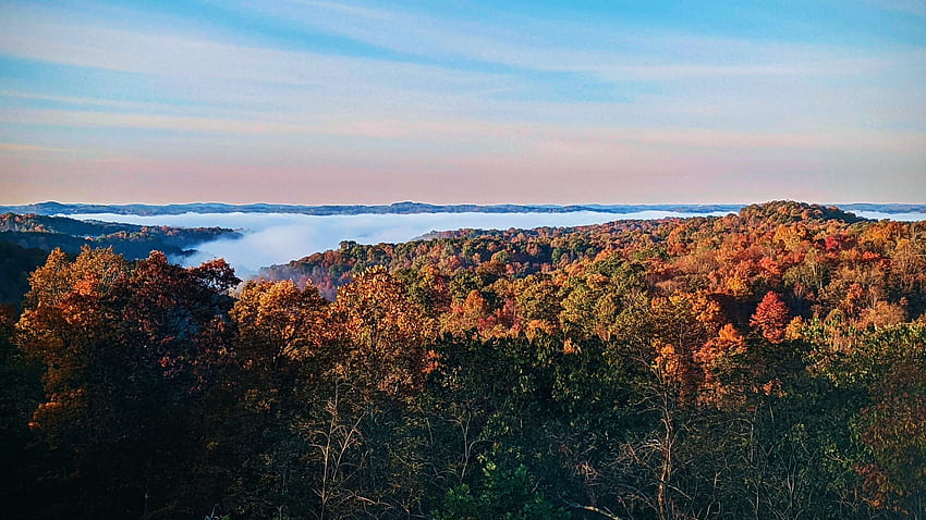 Nebbia che sale sul fiume Little Kanawha nei monti Appalachi - Creston, West Virginia, nuvole, alberi, colori, cielo, foresta, lago, Stati Uniti d'America, autunno, paesaggio, autunno Sfondo HD