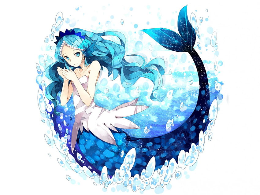 ~Sirena incantata~, pinne blu, sirena, anime, bella, capelli blu, capelli lunghi, bolle, acqua Sfondo HD