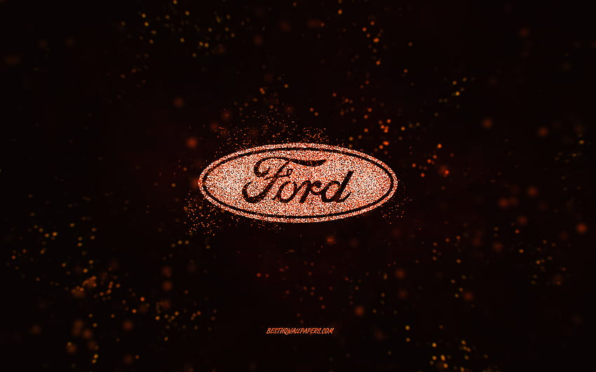 Parıltılı Ford logosu, siyah arka plan, Ford logosu, turuncu parıltılı sanat, Ford, yaratıcı sanat, Ford turuncu parıltılı logosu HD duvar kağıdı