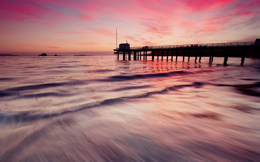Sunrise, pier, sea, sky HD wallpaper
