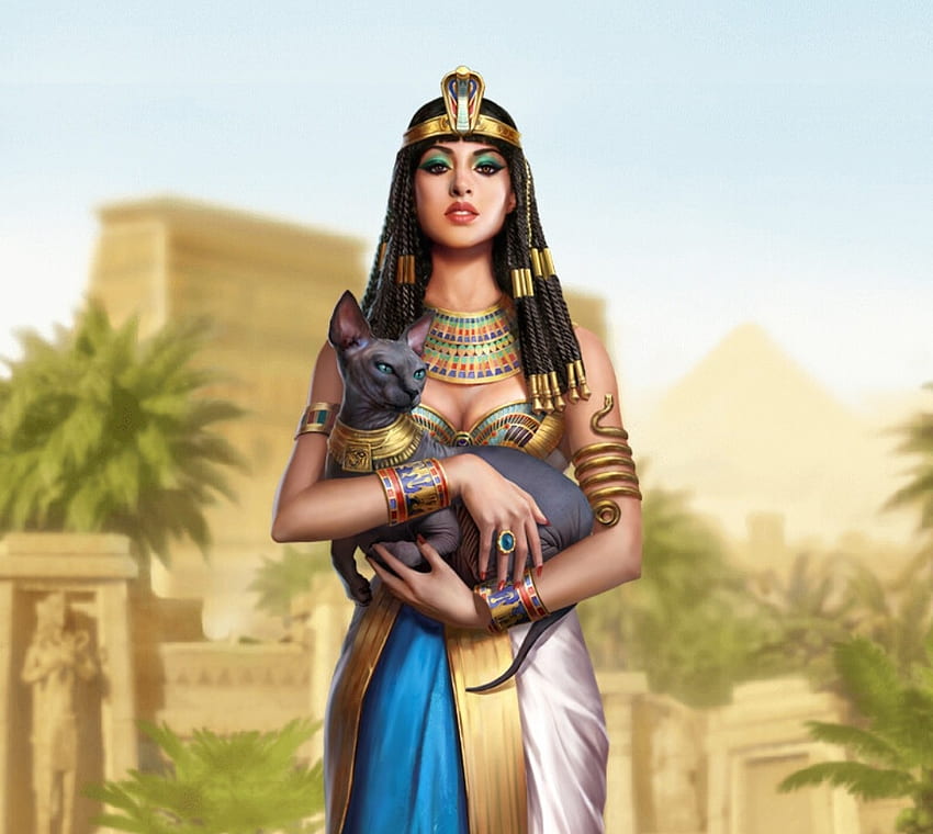 Cleopatra, hada zhang, pisici, fantasía, niña, gato, egipto, reina fondo de pantalla