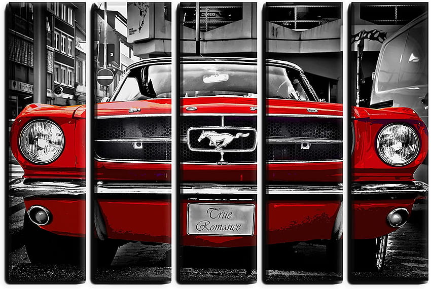 Grande 5 pezzi Red Mustang 1964 Wall Art Decor Pittura Poster Stampa su tela Pannelli Pezzi - Set di decorazioni da parete a tema auto d'epoca - Muscle Car Wall for Living Sfondo HD