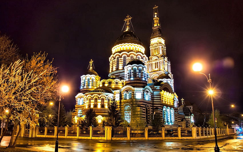 Градски светлини, градове, вечер, Русия, катедрала, Харков HD тапет
