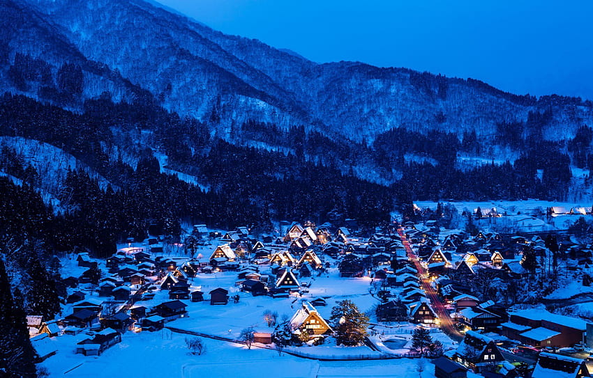 sirakava- th gokayama the island of honshu japan night lights house, Japanese Winter Lights HD wallpaper