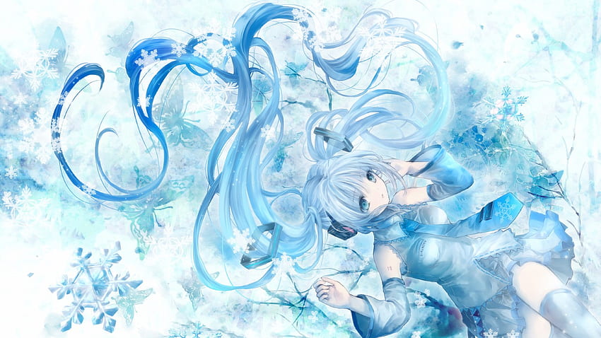 Hatsune miku, headphones, twintails, snow, blue hair, vocaloid HD wallpaper