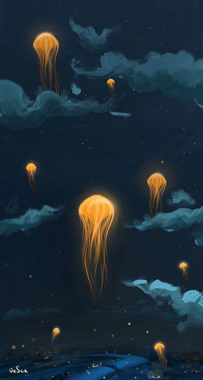 Meduse, lanterne, volo, nuvole, notte Sfondo del telefono HD
