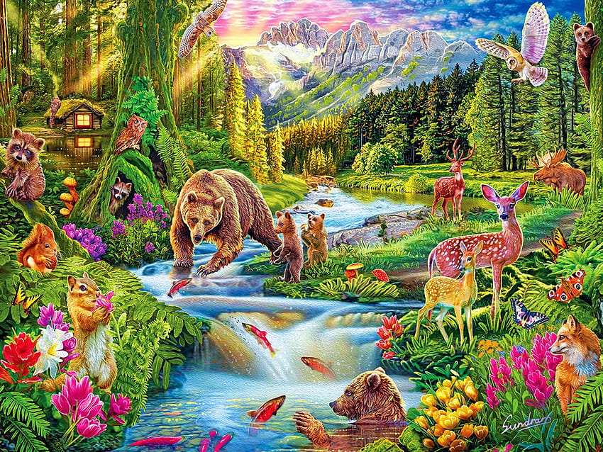 Wild Frontier, bears, birds, painting, trees, flowers, fish, mountains, water HD wallpaper