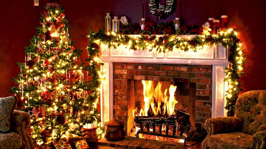 、ホーム フォー クリスマス - クリスマス ツリーと暖炉の Gif - 背景、冬の暖炉 高画質の壁紙