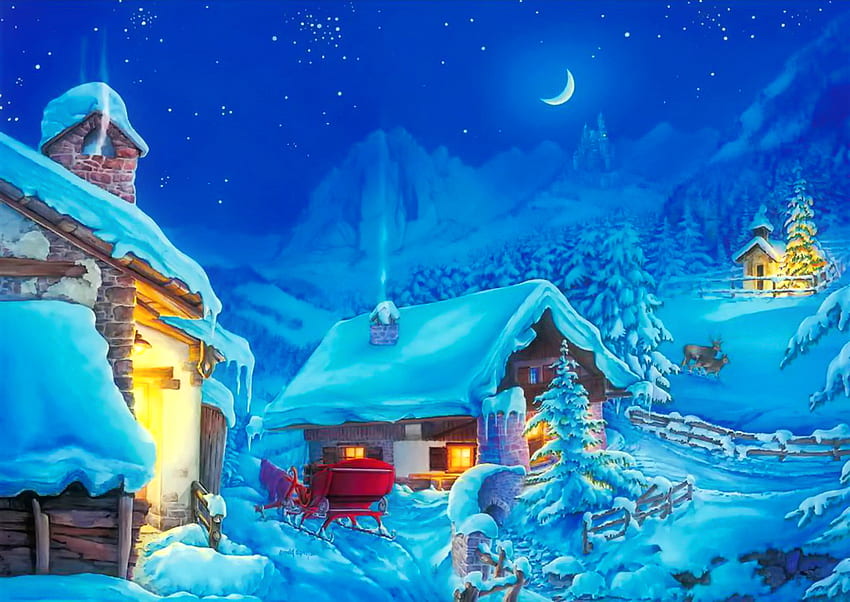 冬のワンダーランド、冬、アート、美しい、家、山、絵画、月、雪、ワンダーランド、空、村、切断 高画質の壁紙