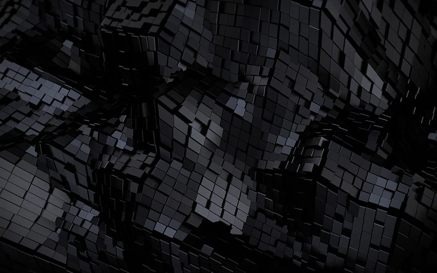 Kubus hitam 3D,, bentuk geometris, tekstur 3D, pola kubus, tekstur geometris, latar belakang bergelombang kubus, latar belakang 3D hitam Wallpaper HD