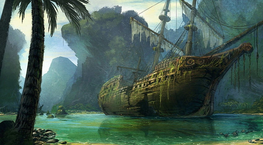 Illustrazione di naufragio, nave, arte fantasy, relitto, opere d'arte, vecchia nave Sfondo HD