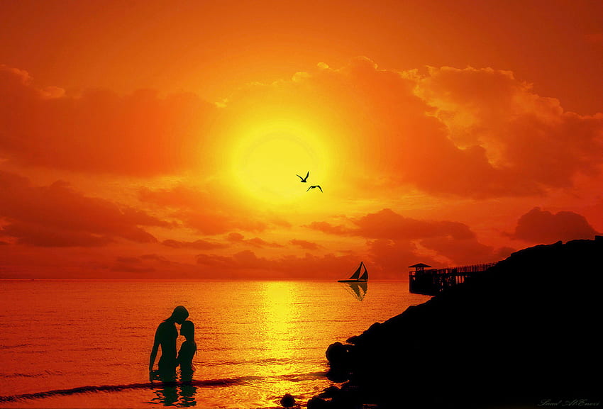 เงา แดดจัด นก กราฟี ทอง พระอาทิตย์ขึ้น ชายหาด อิดิลีค น้ำ พระอาทิตย์ มหาสมุทร พระอาทิตย์ตก ด้วยกัน ซันไชน์ ทอง คนรัก หิน ความรัก เมฆ ธรรมชาติ ท้องฟ้า วอลล์เปเปอร์ HD
