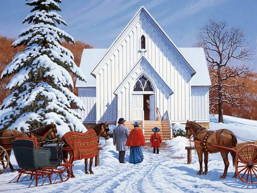 Free download | Church on Sunday, winter, artwork, horses, sleigh ...