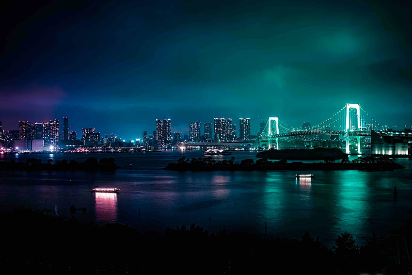 Japão, Cidades, Night City, Ponte, Minato papel de parede HD