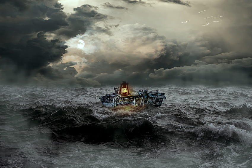 海, 波, その他, その他, ボート, 曇り, 主に曇り, 嵐 高画質の壁紙