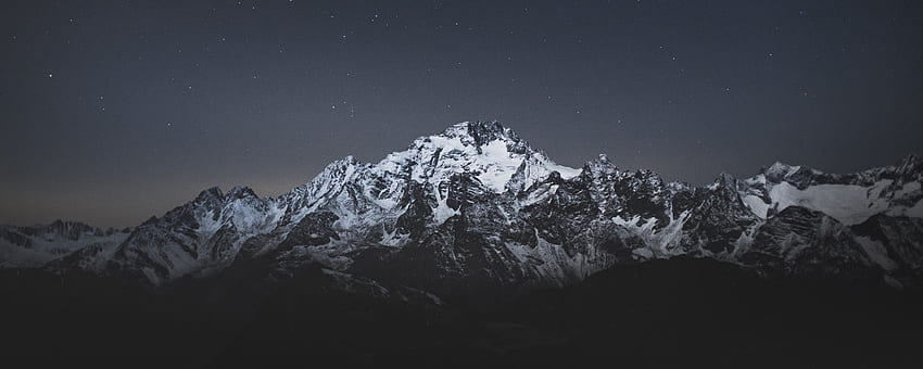планина, нощ, звездно небе, тъмен ултраширок фон на монитора, тъмни нощни планини HD тапет
