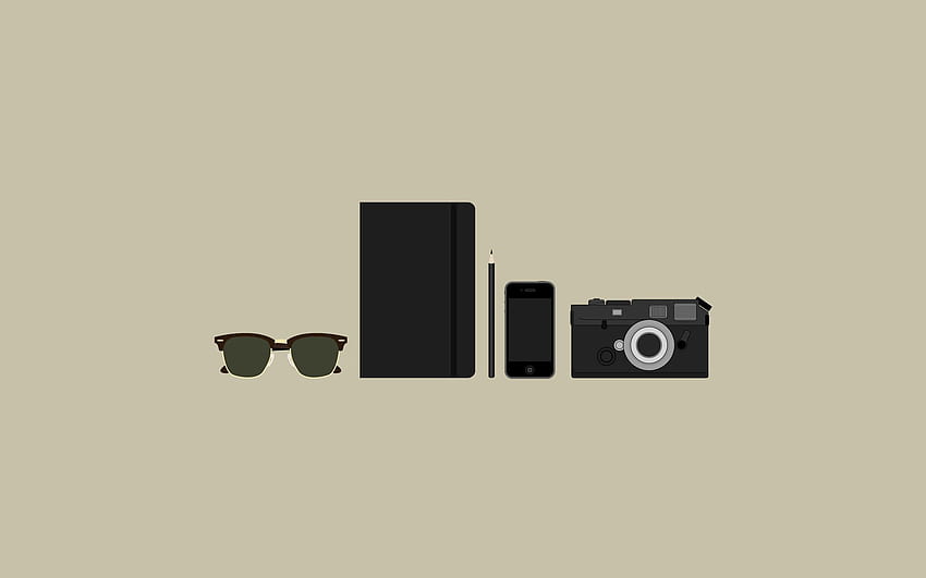 Minimalismo, cámara, gafas, gafas, teléfono, monedero, artículos fondo de pantalla