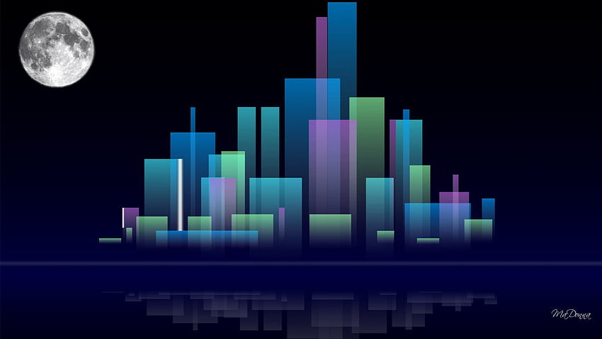 Blue City Abstract, blau, Gebäude, Vollmond, Wolkenkratzer, abstrakt, Spiegelung, Stadt HD-Hintergrundbild