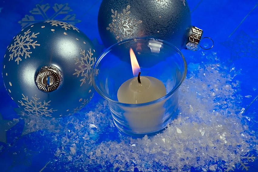 Niebieskie Boże Narodzenie, niebieski, kulki, świeca, Boże Narodzenie Tapeta HD