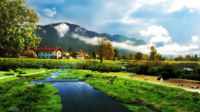 beautiful town landscape, river, town, clouds, trees, mountain HD wallpaper