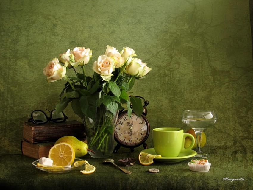 Tea break, tablecloth, books, plate, lemon, glass, glasses, clock, lemon slice, spoon, saucer, white, stems, roses, beautiful, cup, coffee cup, pear, green, flowers HD wallpaper