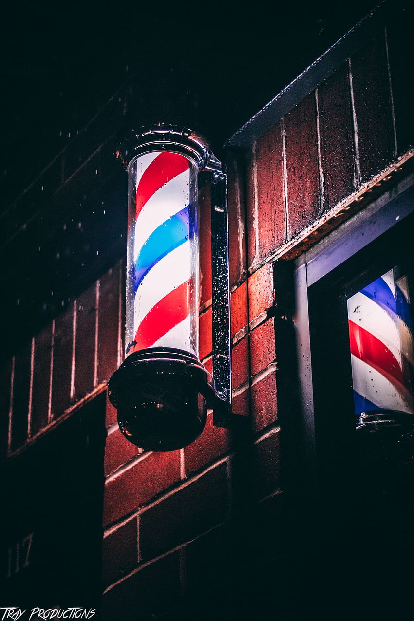 stock of barber pole, blue, brick wall HD phone wallpaper