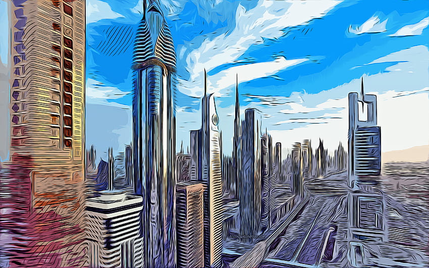 Staybridge Suites Dubai Financial Centre, Dubai, , vector art, Dubai drawing, creative art, Dubai art, vector drawing, abstract cityscape, Dubai cityscape, UAE HD wallpaper