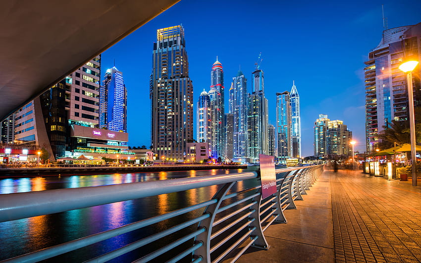 Dubai Marina, , pemandangan malam, tanggul, bangunan modern, Dubai, UEA, Uni Emirat Arab, lanskap kota Dubai Wallpaper HD