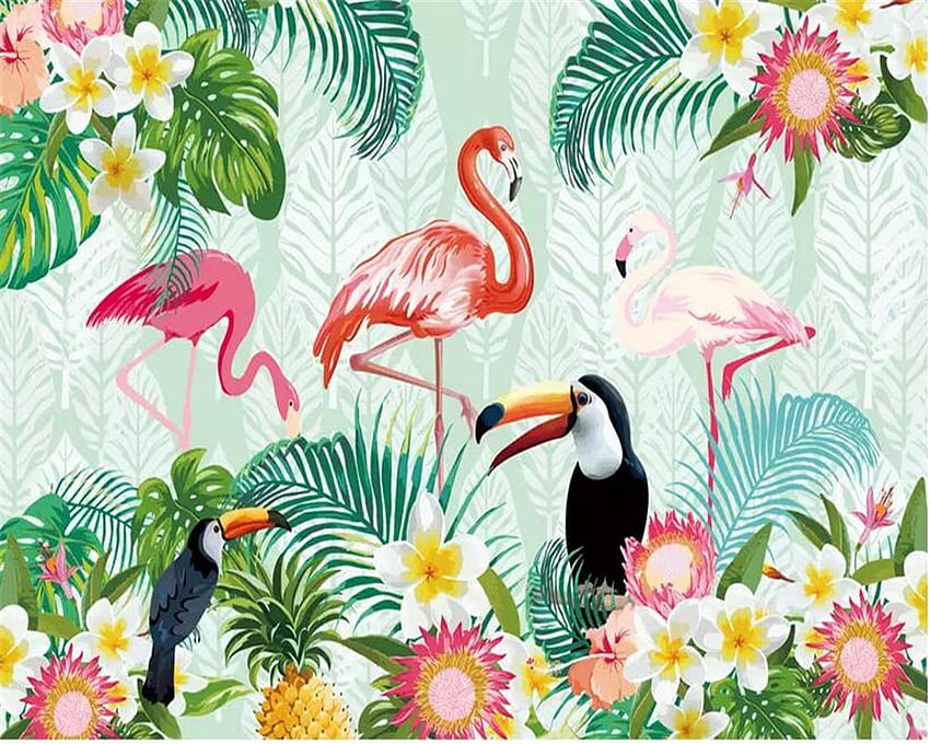 Niestandardowy mural Beibehang tropikalna roślina papuga flamingo pokój dziecięcy salon ściana tła 3D. . -AliExpress Tapeta HD