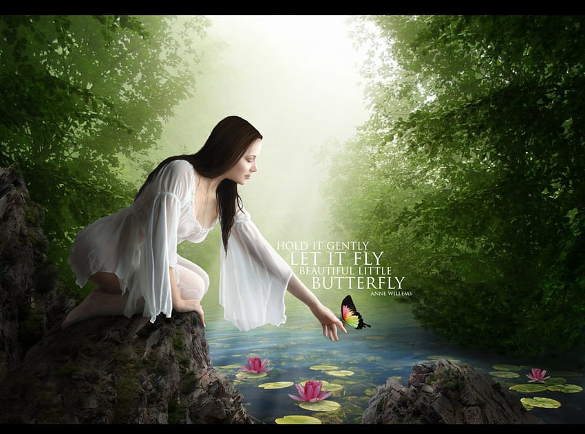 Hold it gently, let it fly, saying, butterfly, quote, girl, woman, pond HD wallpaper