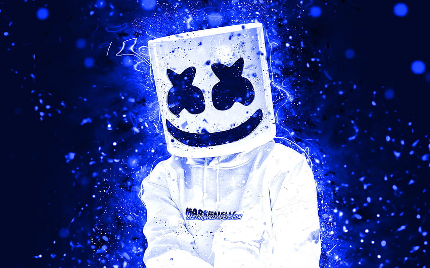 DJ Marshmello, Christopher Comstock, dunkelblaue Neonlichter, , amerikanischer DJ, Superstars, Marshmello, dunkelblaue abstrakte Hintergründe, Musikstars, Marshmello, DJs HD-Hintergrundbild