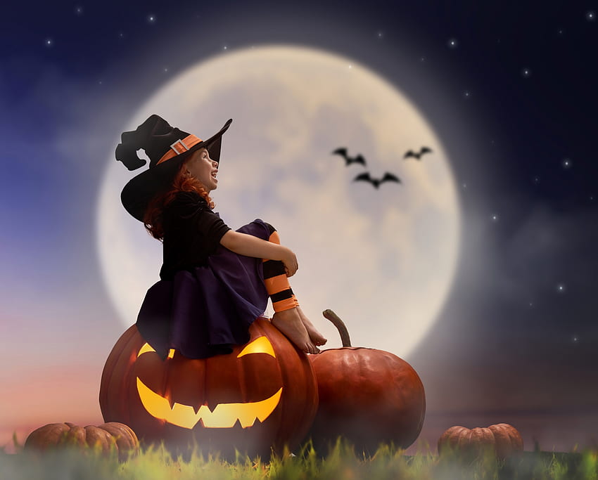 Честит Хелоуин!, нощ, прилеп, момиче, портокал, копил, вещица, хелоуин, луна, тиква, картичка, дете, шапка HD тапет