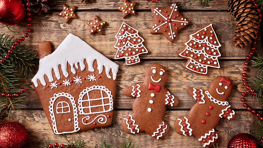 Christmas Gingerbread House And Gingerbread Men U HD wallpaper