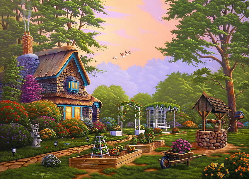 Backyard Delight, opera d'arte, pittura, alberi, giardino, fiori, cottage, carrello, bene Sfondo HD