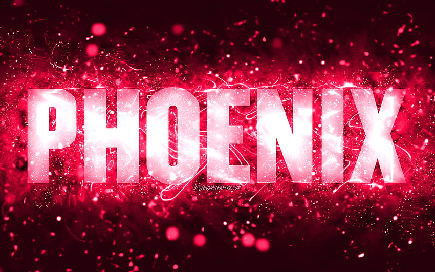 Happy Birtay Phoenix, luces de neón rosas, nombre de Phoenix, creativo, Phoenix Happy Birtay, Phoenix Birtay, nombres femeninos estadounidenses populares, con el nombre de Phoenix, Phoenix fondo de pantalla