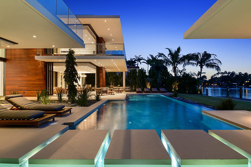 Miami Beach Atrium House High Resolution - Красива къща в Маями, плажно бунгало HD тапет